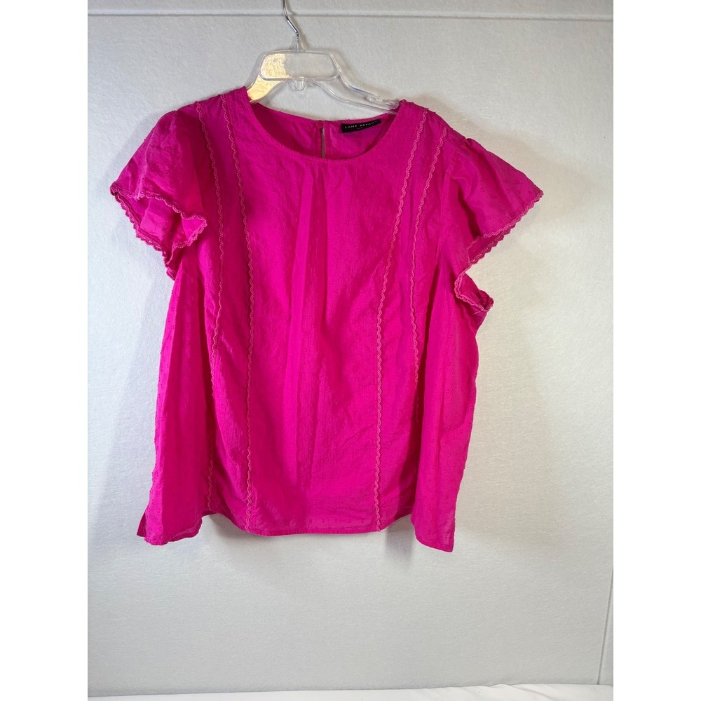Lane Bryant Fuchsia Pink Swiss Dot Flutter Sleeve Lace Trim Blouse Top Size 20